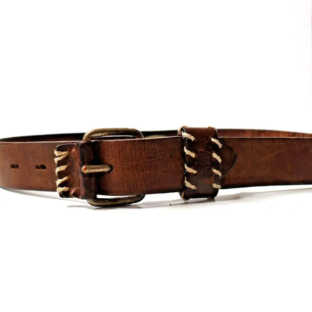 Genuine Saddle Leather Brown Belt Made in Holland Mens 32 Stitched Retro Western